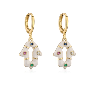 Detailed view of 18K gold plated Hamsa earrings with colorful zircon and white enamel