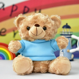 Close-up of a cute beige teddy bear wearing a light blue t-shirt on a rainbow background