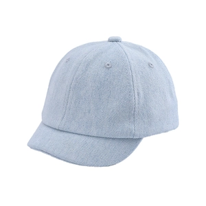 Solid light blue denim baseball cap for infants with short brim and six-panel structure