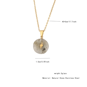 Detail showing dimensions of gold lightning cross necklace with natural stone pendant