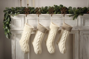 Close-up of four cable knit Christmas stockings in beige and cream hanging on a fireplace