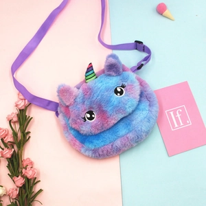 Detailed top view of unicorn plush crossbody bag with colorful faux fur and strap