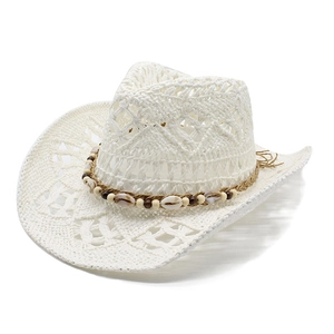 Chapeau de cowboy blanc en paille avec perles bohèmes pour protection solaire