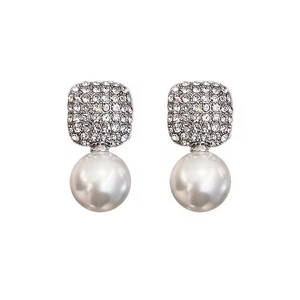 French style pearl drop earrings with crystal pavé silver studs for elegant women
