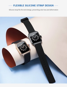 Detail of square quartz watches with flexible silicone straps and Roman numeral dials