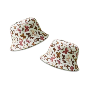 Fashionable butterfly print bucket hats in beige cotton fabric for women and men