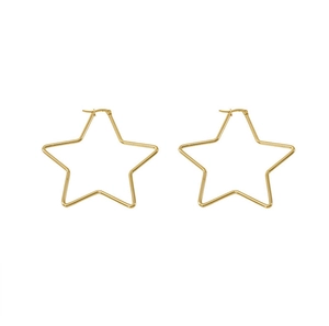 Close-up of gold-plated pentagram star hoop earrings with polished steel finish