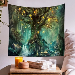 Detail of magic forest tapestry featuring glowing tree of life and waterfall in a bedroom