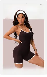 Detailed back view of crisscross yoga bodysuit in coffee ribbed fabric with contrast trim