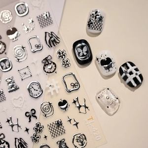 3D minimalist nail stickers with silver embossed butterfly and ribbon patterns, model TL-420