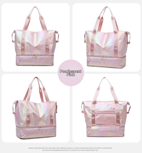 Pink holographic travel bag featuring dry wet separation and luggage trolley sleeve