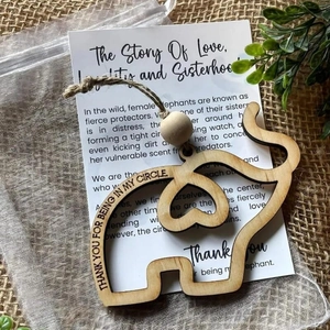 Friendship elephant wooden charm with thank you message card and gift bag packaging