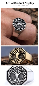 Close-up of vintage Tree of Life signet ring with octagonal face in gold and silver steel
