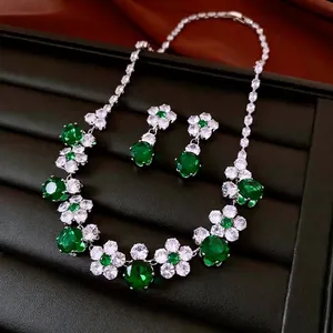 Luxury French vintage flower jewelry set with green zircon stones and silver finish