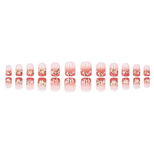 Pink gradient press-on nails set with delicate floral prints in a short square shape