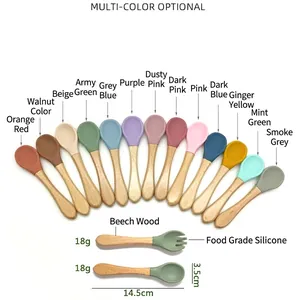 Food grade silicone baby spoon and fork set with beech wood handles in various colors