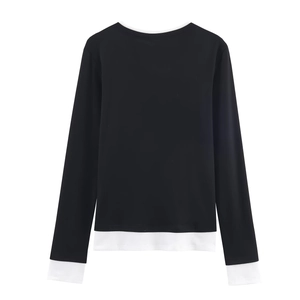 Flat lay of the back view of a black and white double-layer casual long sleeve T-shirt