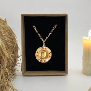 Vintage gold cowboy boot hat necklace pendant on fine chain in a brown gift box