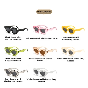 Detailed grid of flower shaped sunglasses in eight vibrant jelly colors for women