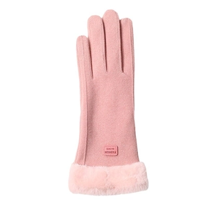 Pink winter thermal gloves with plush faux fur cuffs and touchscreen fingertips