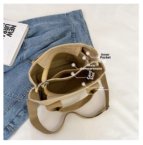 Top view of beige canvas tote bag interior showing double main pockets and card slots
