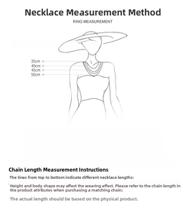 Size guide for colorful cherry pearl necklace showing lengths from 35cm to 50cm on a mannequin