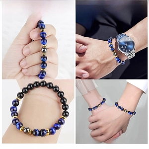 Bracelet triple protection avec œil de tigre bleu, obsidienne noire et perles d'hématite