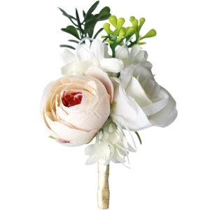 European wedding boutonniere with champagne rose, white flowers and green foliage