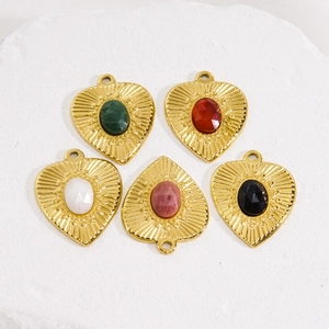 Set of 5 vintage heart-shaped stainless steel pendants with colorful natural stone inlays