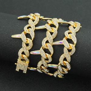 Gold-plated Cuban chain necklace with colorful gemstones and sparkling crystal pavé stones