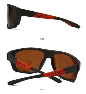 Detail view of matte black polarized sunglasses with anti-slip red textured temple arms