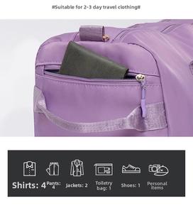Detail view of purple nylon travel bag side pocket and water-resistant fabric texture