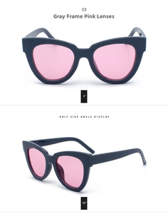 Cat eye sunglasses detail in grey frame and pink lenses with 0 and 90 degree views