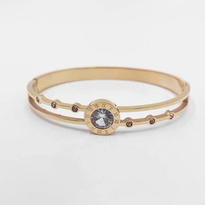 Rose gold titanium steel double-layer bracelet with Roman numerals and center crystal