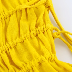 Yellow linen blend loose maxi dress with ruching detail and drawstring texture