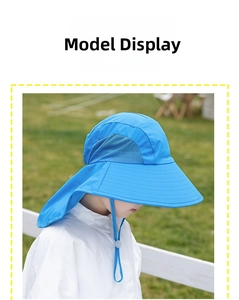 Detailweergave blauwe zonnehoed kinderen met brede rand nekflap en gaas