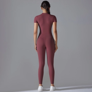 Detailed back view of a dark burgundy high-elastic short sleeve yoga jumpsuit for fitness