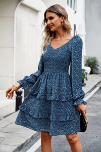 Detail of blue floral V-neck dress with elastic bodice and layered ruffle skirt
