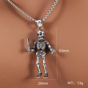 Punk reaper skull pendant in stainless steel with vintage silver finish, 53mm height
