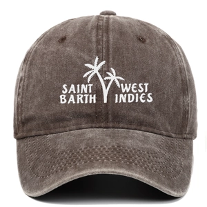 Close-up of Saint Barth West Indies palm tree embroidery on a vintage washed cotton cap