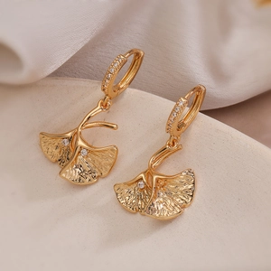 Ginkgo Leaf Feather Drop Earrings Copper Zircon Inlaid Dangle Jewelry For Women Minimalist Personalized Style