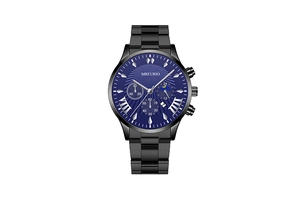 Detail view of MREURIO men's watch with blue sunray dial and black steel band