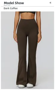 Detail view of high-waisted flare leggings in black coffee showing slimming waist and hip lift