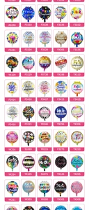 Catalog of 18-inch Feliz Cumpleaños foil balloons in various patterns and colors