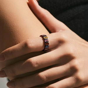 Luxurious S925 sterling silver rainbow eternity ring with colorful rectangle zircons