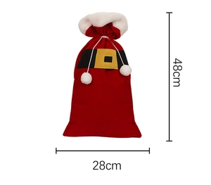 Detail view of red velvet Christmas gift bag with Santa belt and plush trim 28x48cm