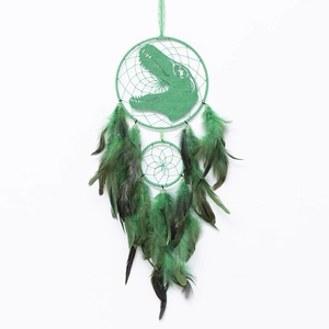 Nordic green dinosaur dream catcher wall hanging with feathers for nursery room decor