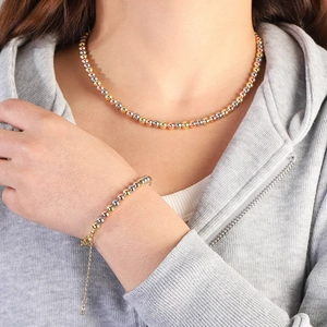 Tri-Color Round Metal Bead Necklace And Bracelet Jewelry Set Elegant Gold Silver Rose Gold Minimalist For Women