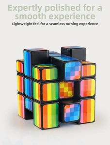 Macro shot of 3x3 speed cube's internal structure with colorful pixelated stickers