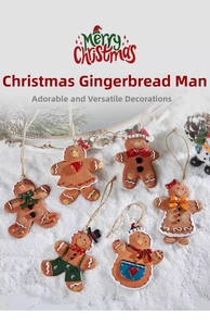Close-up of 6 resin gingerbread man ornaments with festive scarves and twine hangers